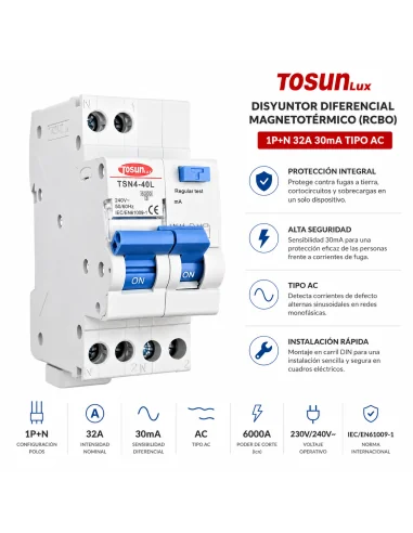 Disyuntor Diferencial RCBO TSN4-40L 1P+N 32A 30mA Tipo AC | 