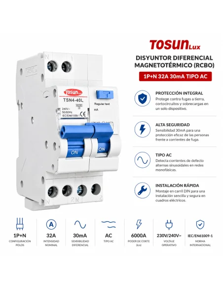 Disyuntor Diferencial RCBO TSN4-40L 1P+N 32A 30mA Tipo AC | 