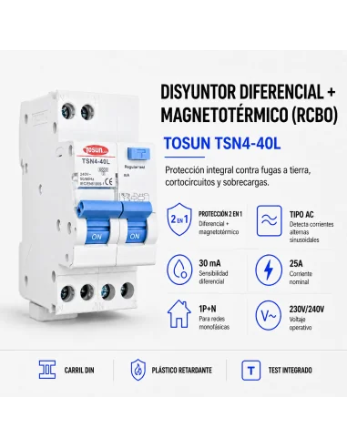 Disyuntor Diferencial RCBO TSN4-40L 1P+N 25A 30mA Clase AC 230V osun | 6940151006459