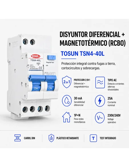 Disyuntor Diferencial RCBO TSN4-40L 1P+N 25A 30mA Clase AC 230V osun | 6940151006459